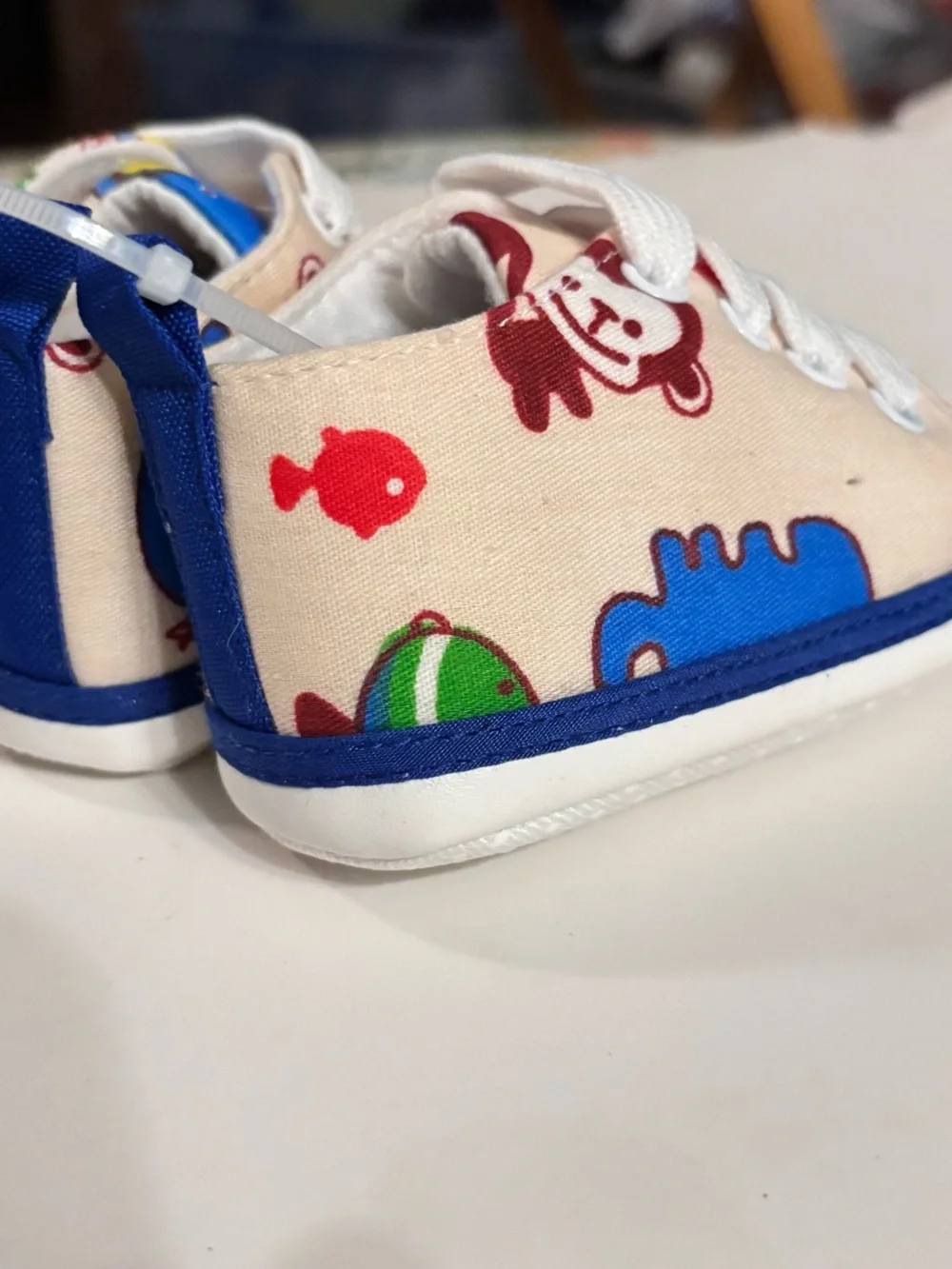 Baby Canvas Walker Shoes in Cream with Red Fish & Monkey Print